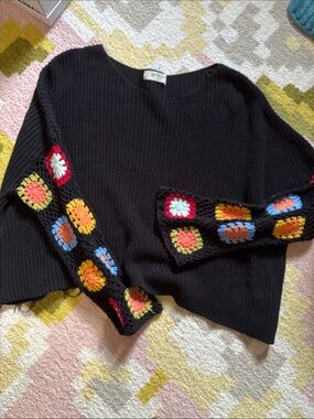 Black Crewneck Sweater with Multicolor Crochet-Square Sleeves